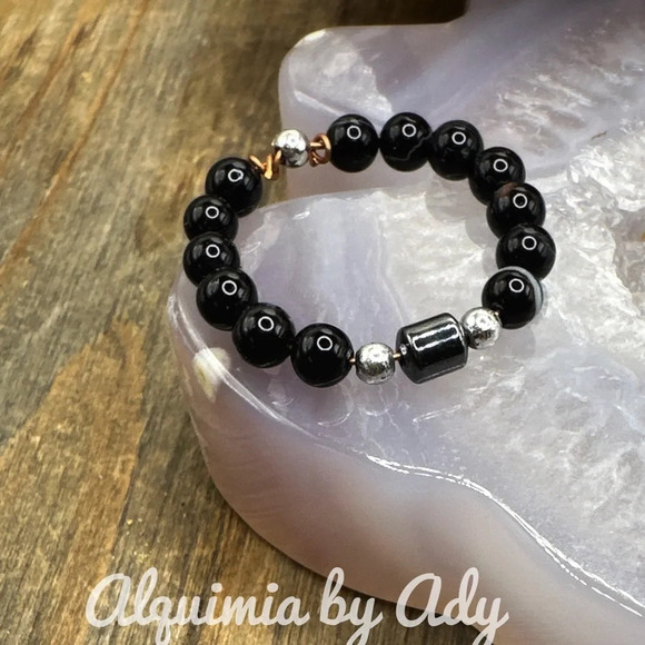 Black agate Silver hematite beaded gem ring band bohemian - Picture 1 of 3